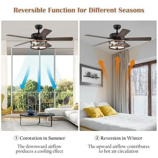 52 Inch Retro Ceiling Fan Lamp with Glass Shade Reversible Blade Remote Control