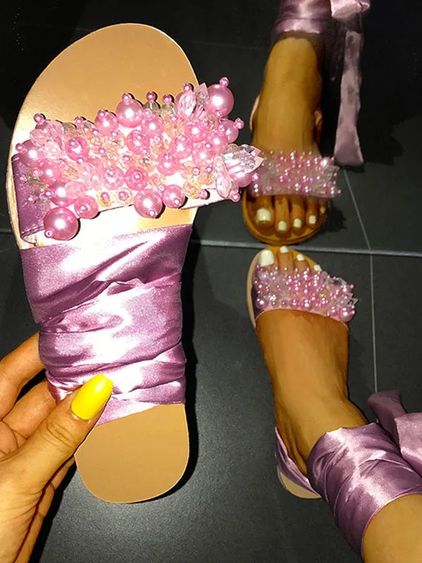 Ankle Strap Beaded Flat Heel Sandals