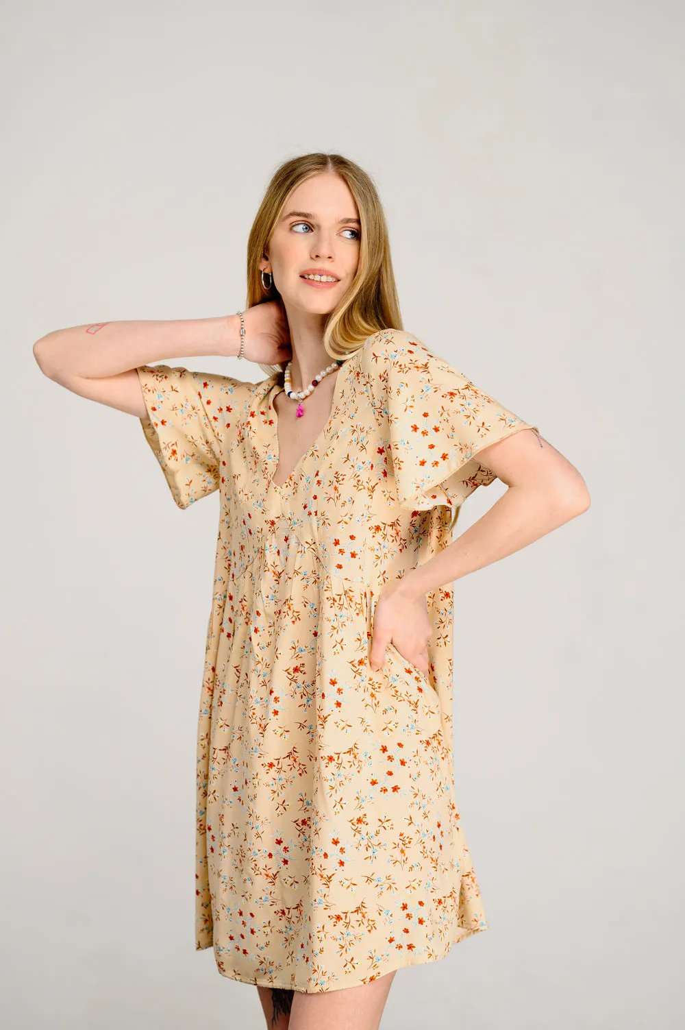 Beige V-Neck A-Line Dress