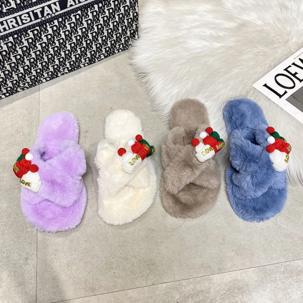 Christmas Slippers Christmas Hat Decor Criss Cross Fluffy Bedroom Slippers