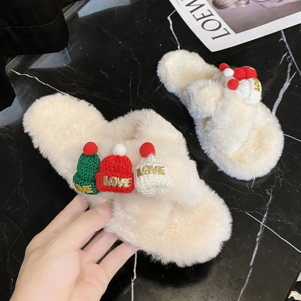 Christmas Slippers Christmas Hat Decor Criss Cross Fluffy Bedroom Slippers