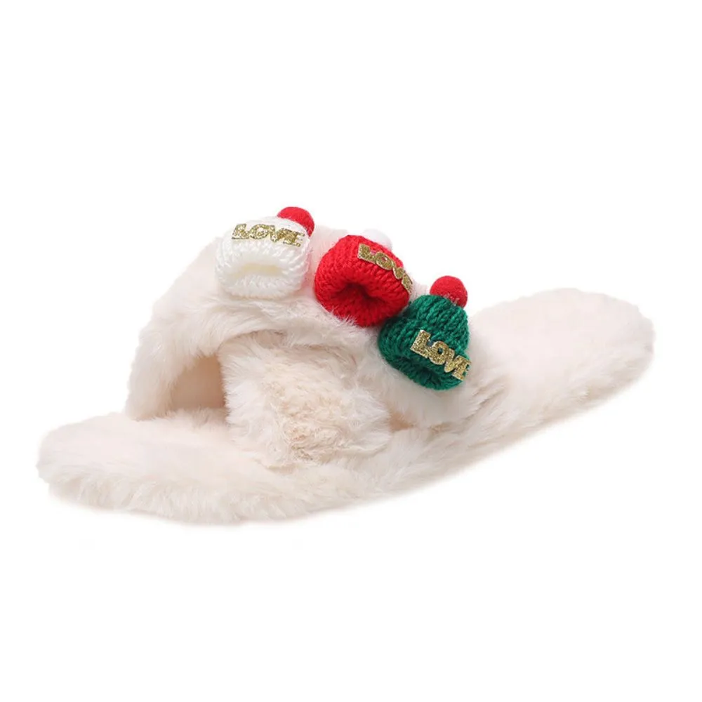 Christmas Slippers Christmas Hat Decor Criss Cross Fluffy Bedroom Slippers
