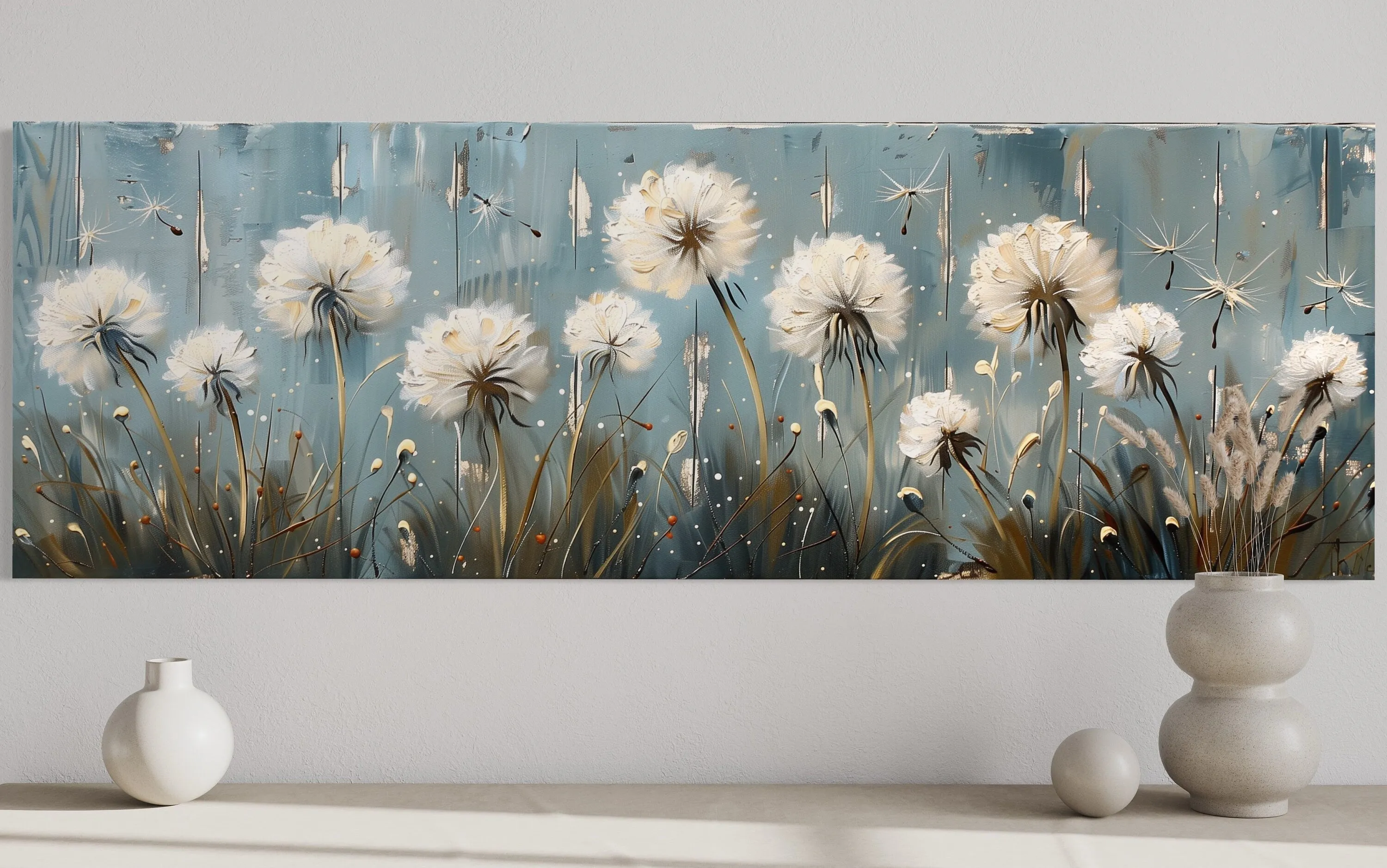 Dandelions Painting On Distressed Wood Horizontal Farmhouse Wall Art