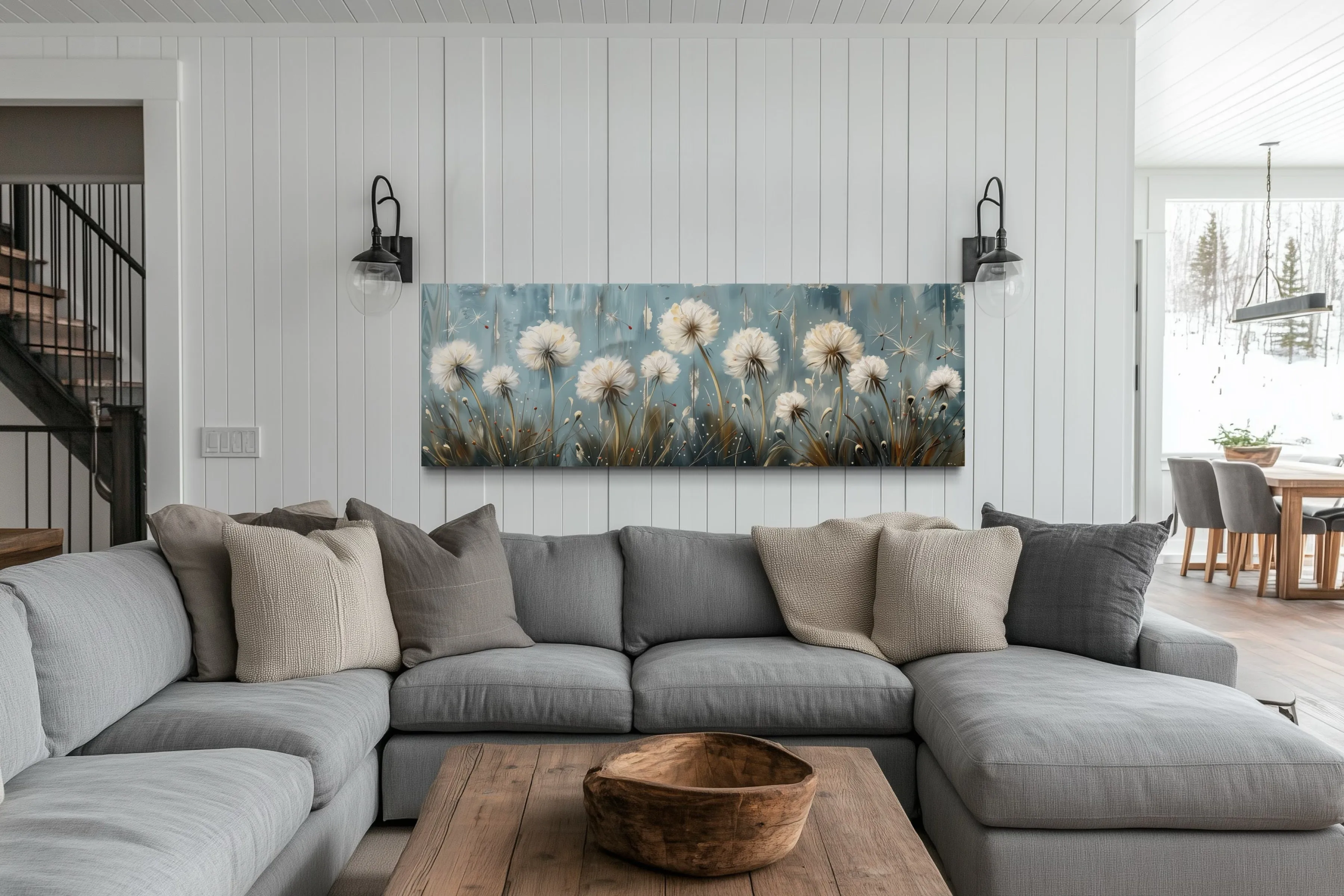 Dandelions Painting On Distressed Wood Horizontal Farmhouse Wall Art