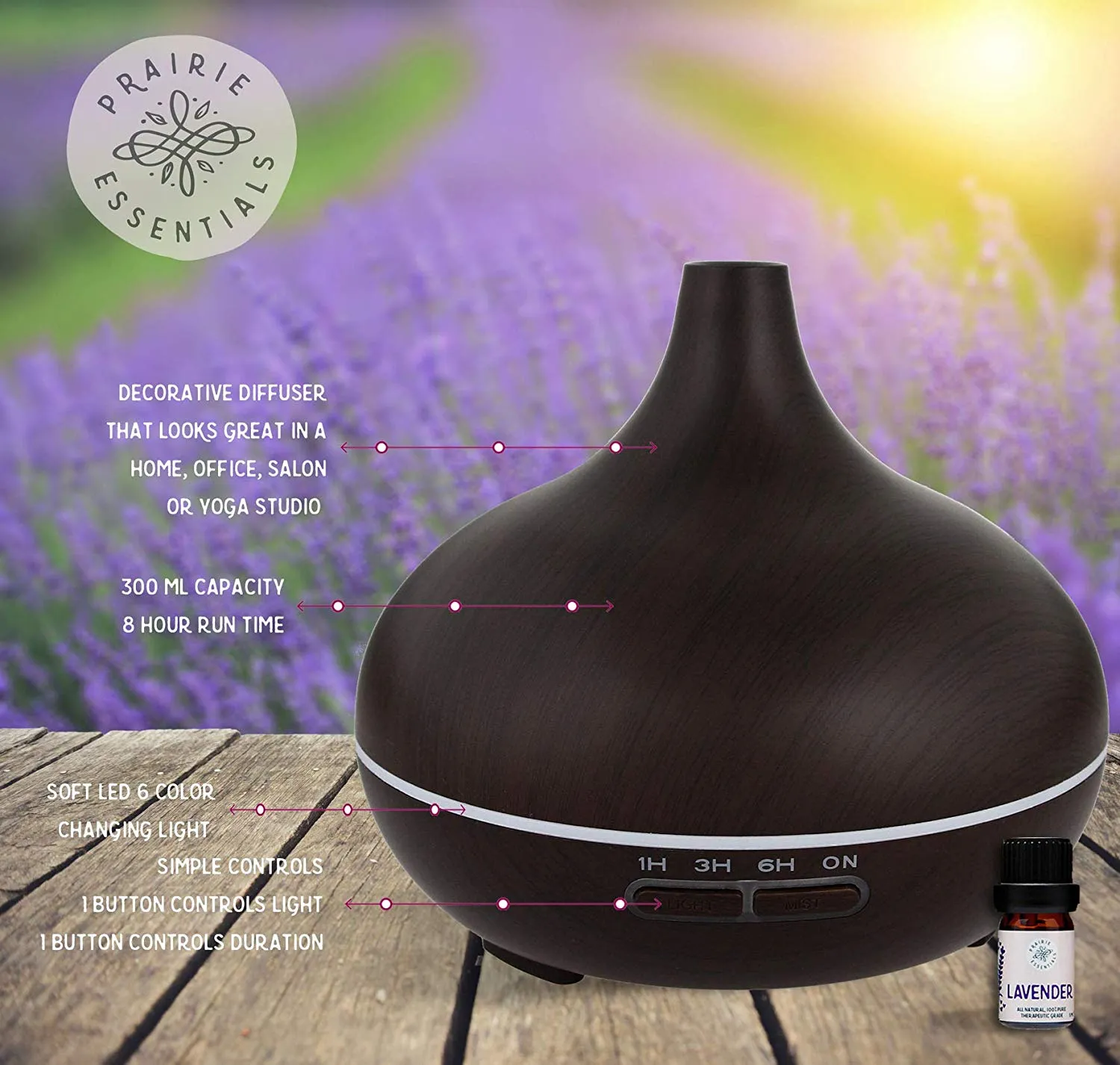 Dark Wood Grain 300ml Essential Oils Diffuser with 5ml Bottle of Lavender