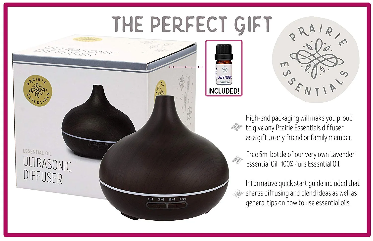 Dark Wood Grain 300ml Essential Oils Diffuser with 5ml Bottle of Lavender