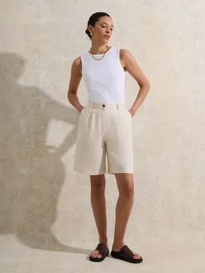 Ecru Linen-Blend Bermuda Shorts