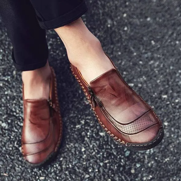 Fanyil Men Hand Stitching Zipper Slip-ons Leather Shoes