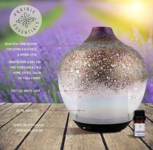 Hand Blown Opal Glass Essential Oils Diffuser, 120ml, with 5ml Bottle of Lavender