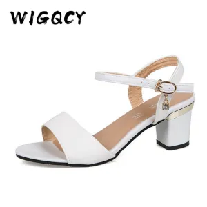 High Heels Sandals Summer Shoes Buckle Strap Square Heel White Open Toe Sandals