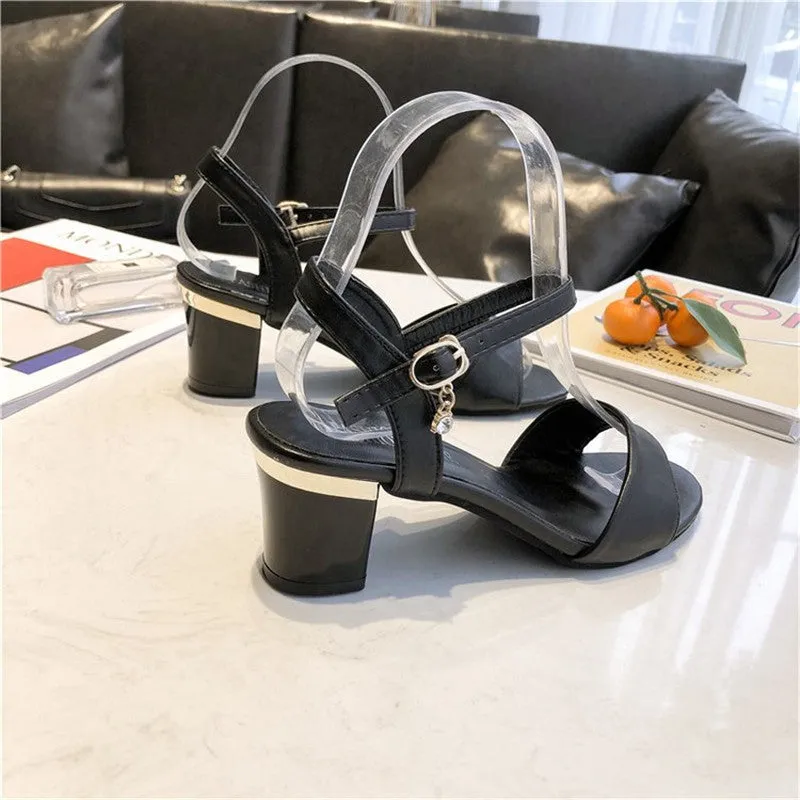 High Heels Sandals Summer Shoes Buckle Strap Square Heel White Open Toe Sandals