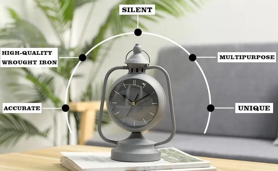 JUXORI Metal Clock for Bedroom 9.5”High Simple Modern Desk Clock with Curved Glass for Living Room Bedside Bedroom Office Livng Room Desktop Countertop (Grey)