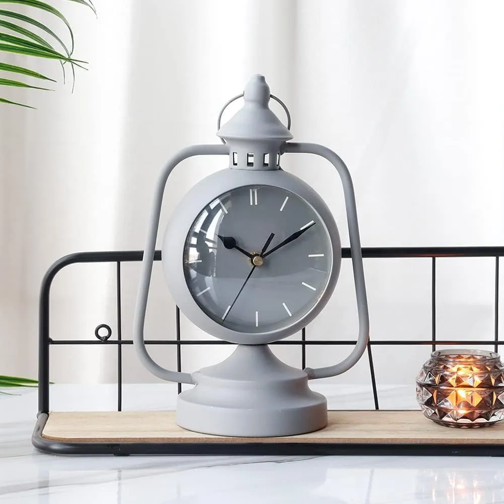 JUXORI Metal Clock for Bedroom 9.5”High Simple Modern Desk Clock with Curved Glass for Living Room Bedside Bedroom Office Livng Room Desktop Countertop (Grey)