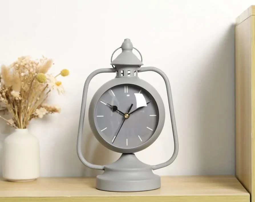JUXORI Metal Clock for Bedroom 9.5”High Simple Modern Desk Clock with Curved Glass for Living Room Bedside Bedroom Office Livng Room Desktop Countertop (Grey)