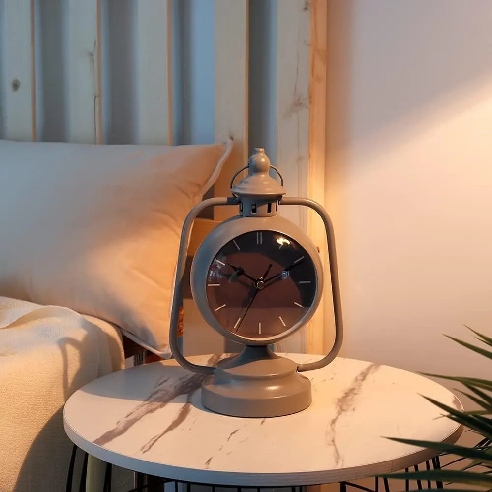 JUXORI Metal Clock for Bedroom 9.5”High Simple Modern Desk Clock with Curved Glass for Living Room Bedside Bedroom Office Livng Room Desktop Countertop (Grey)