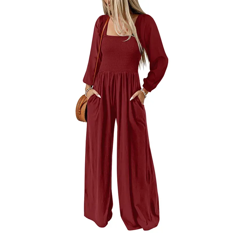 Kairo Long Sleeve Smocked Wide Leg Jumpsuit