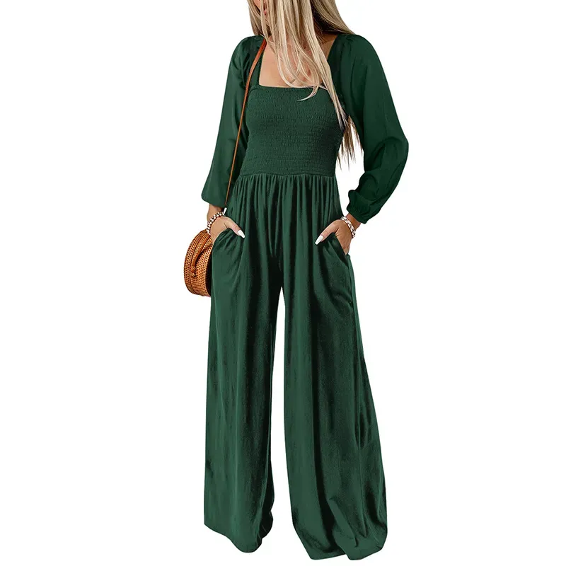 Kairo Long Sleeve Smocked Wide Leg Jumpsuit