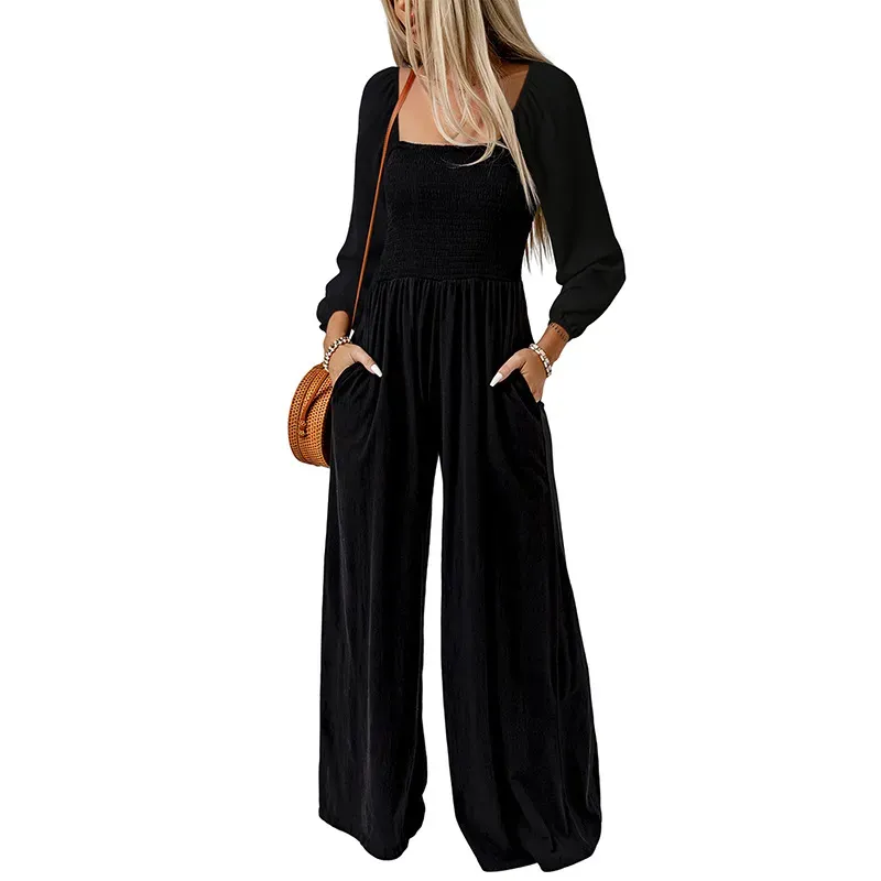 Kairo Long Sleeve Smocked Wide Leg Jumpsuit