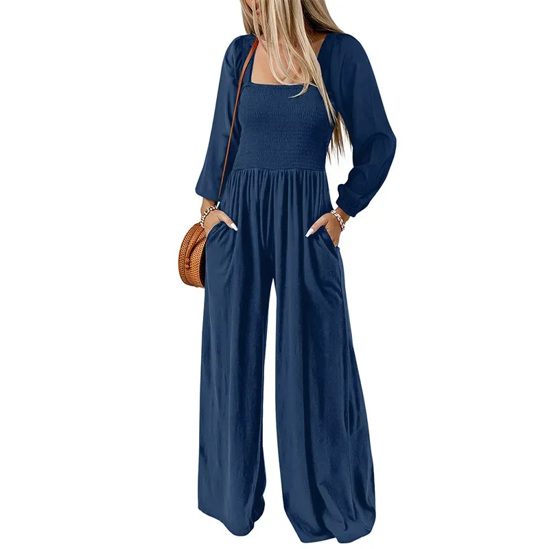 Kairo Long Sleeve Smocked Wide Leg Jumpsuit