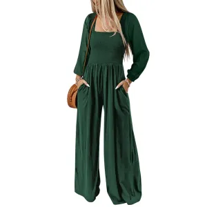 Kairo Long Sleeve Smocked Wide Leg Jumpsuit