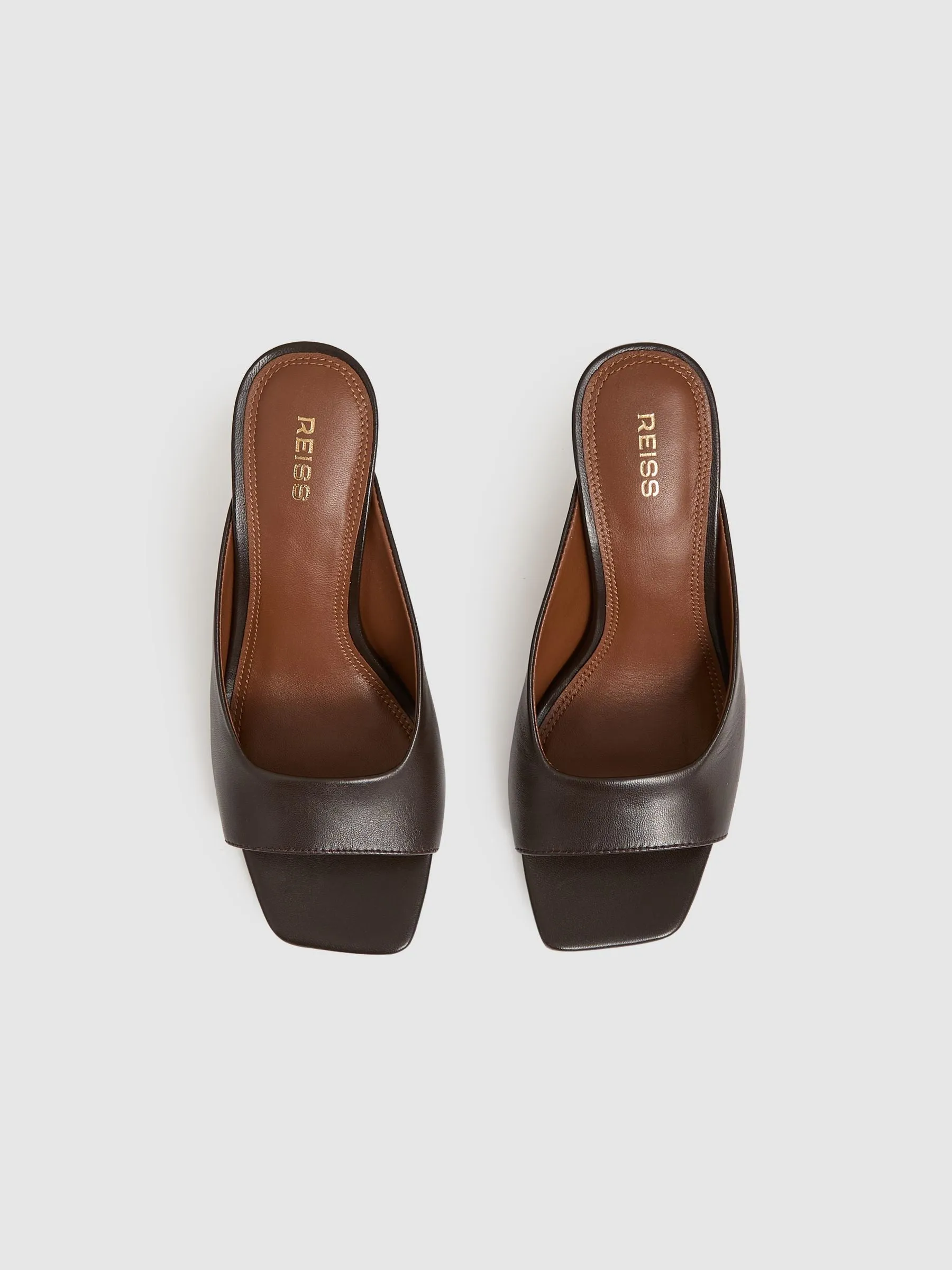 Leather Heeled Mules in Chocolate