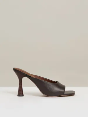 Leather Heeled Mules in Chocolate