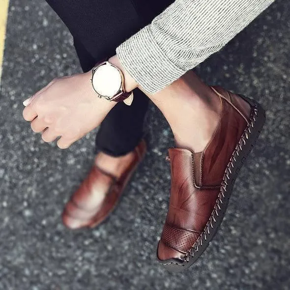 Libiyi Men Hand Stitching Zipper Slip-ons Leather Shoes