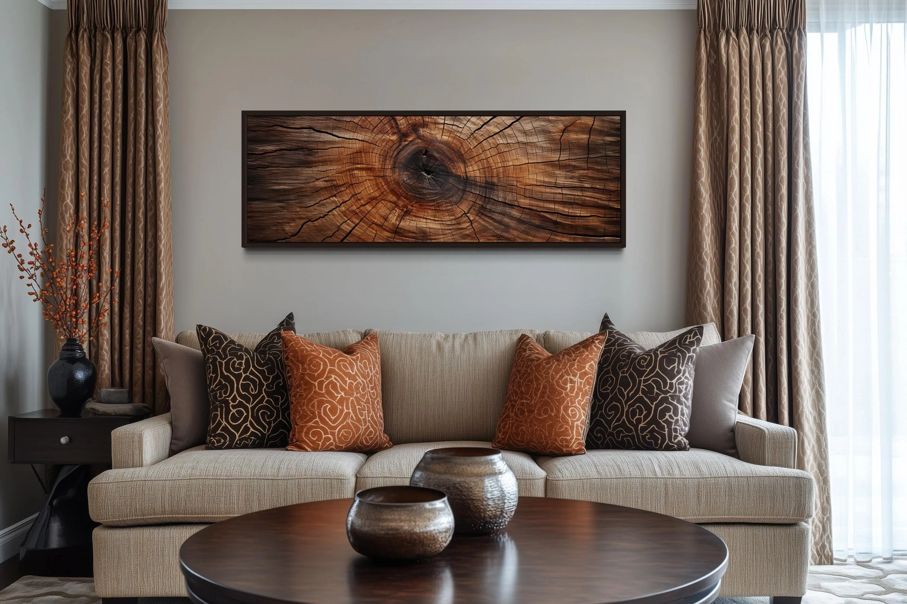Long Horizontal Rustic Wood Texture Tree Ring Canvas Wall Art