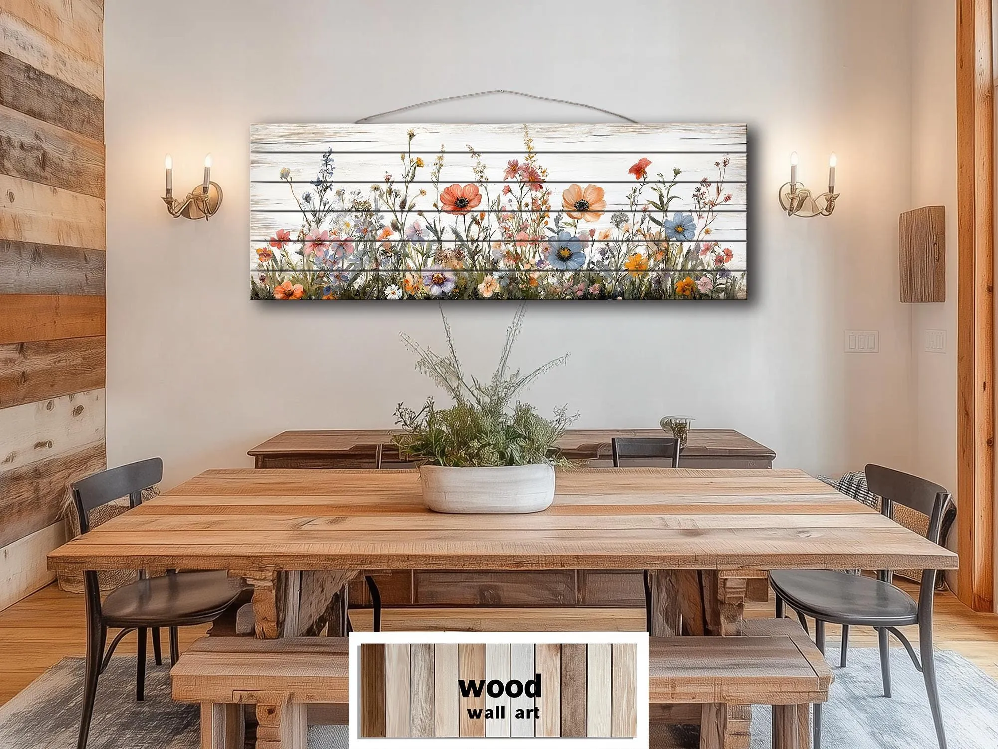 Long Horizontal Wildflowers Wall Art Painted On White Wood On Real Wood Planks
