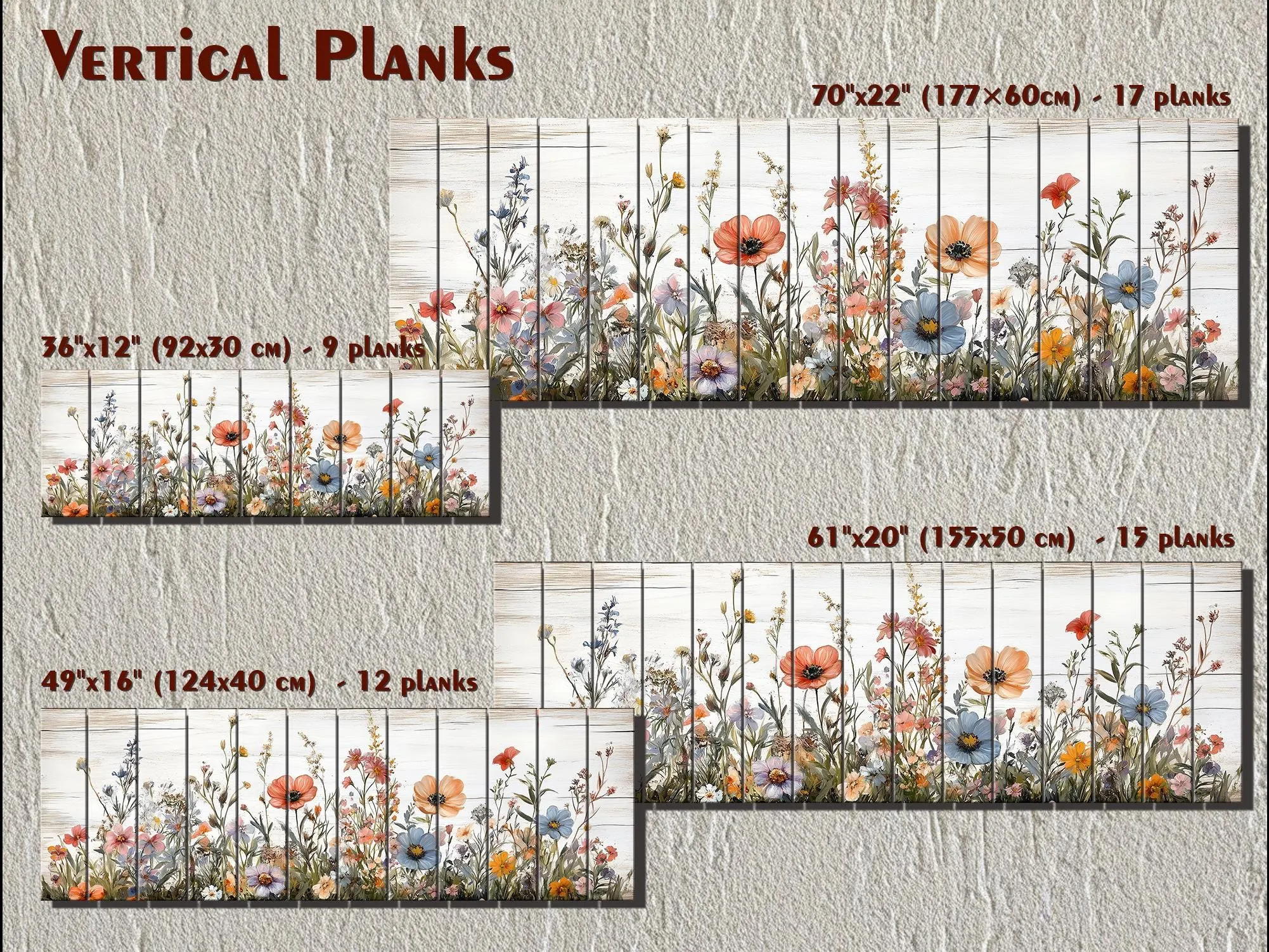 Long Horizontal Wildflowers Wall Art Painted On White Wood On Real Wood Planks