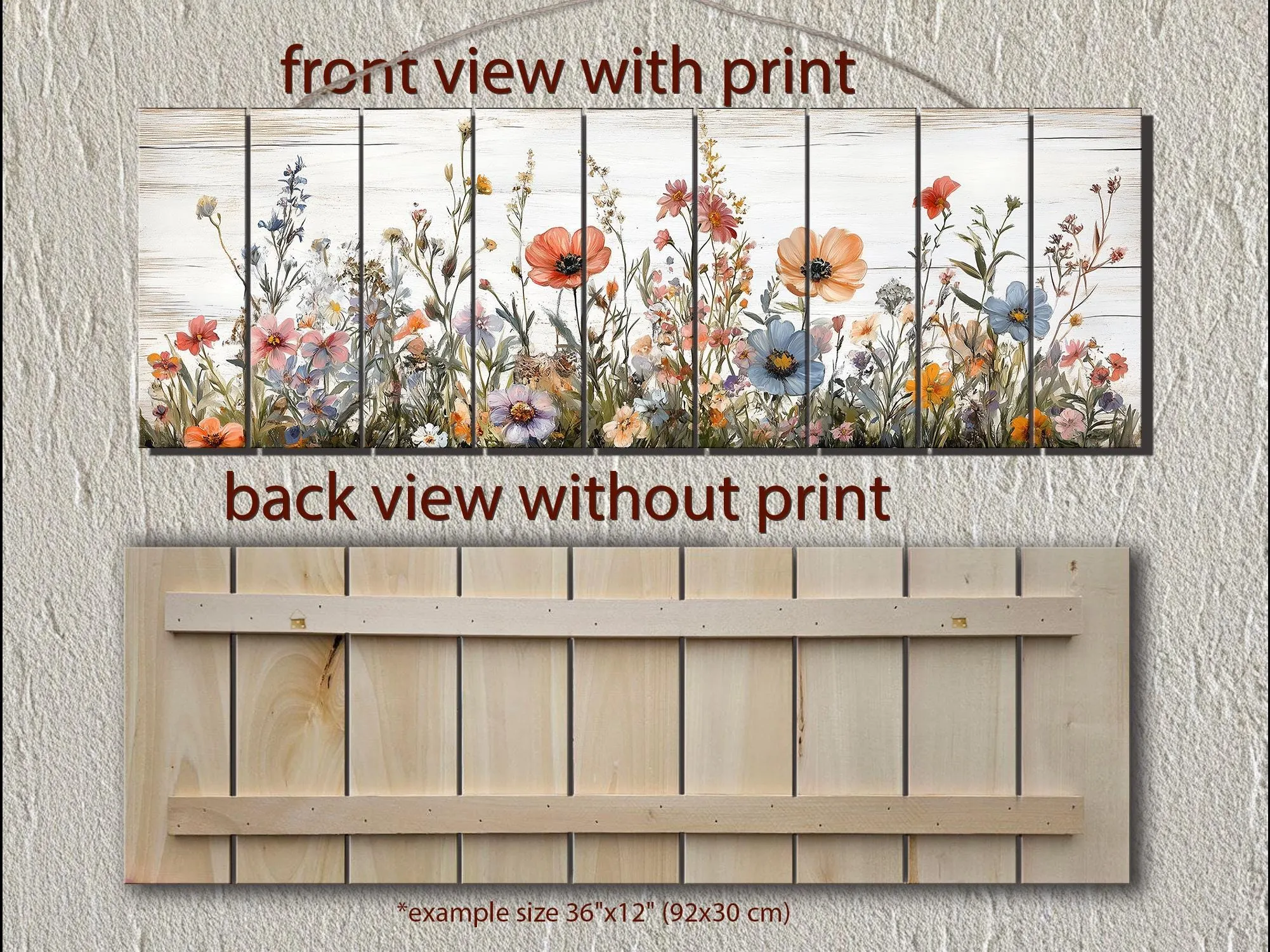 Long Horizontal Wildflowers Wall Art Painted On White Wood On Real Wood Planks