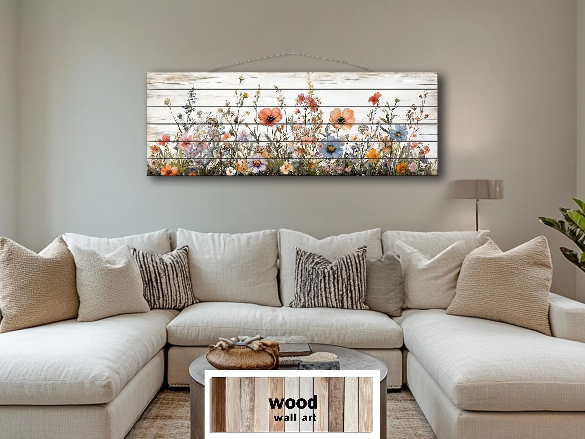 Long Horizontal Wildflowers Wall Art Painted On White Wood On Real Wood Planks