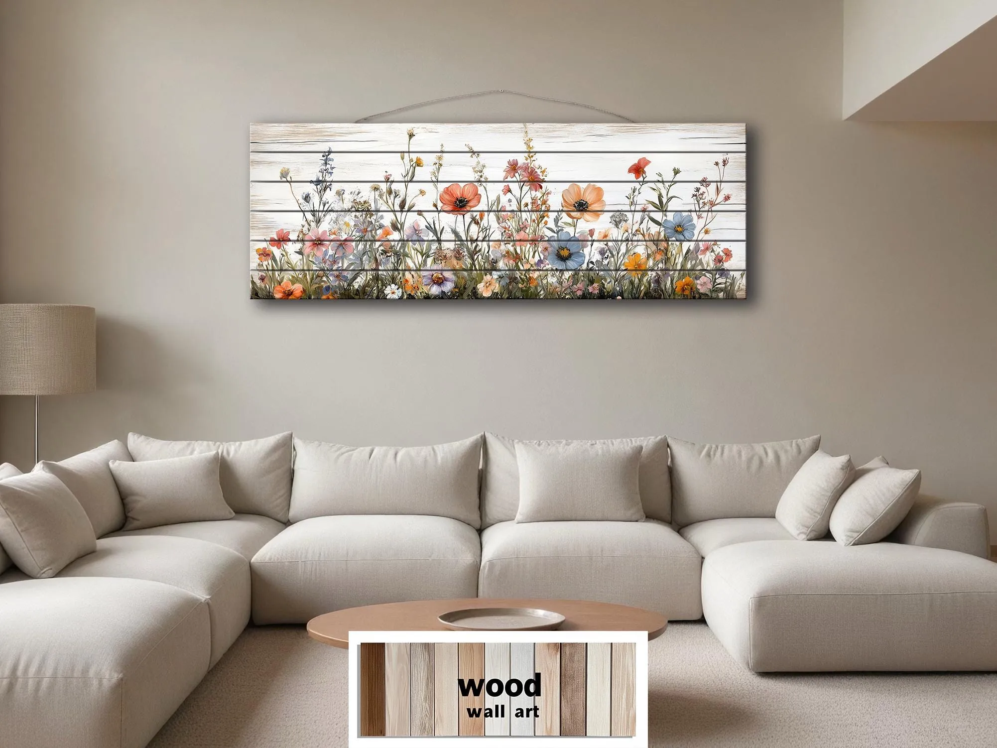 Long Horizontal Wildflowers Wall Art Painted On White Wood On Real Wood Planks