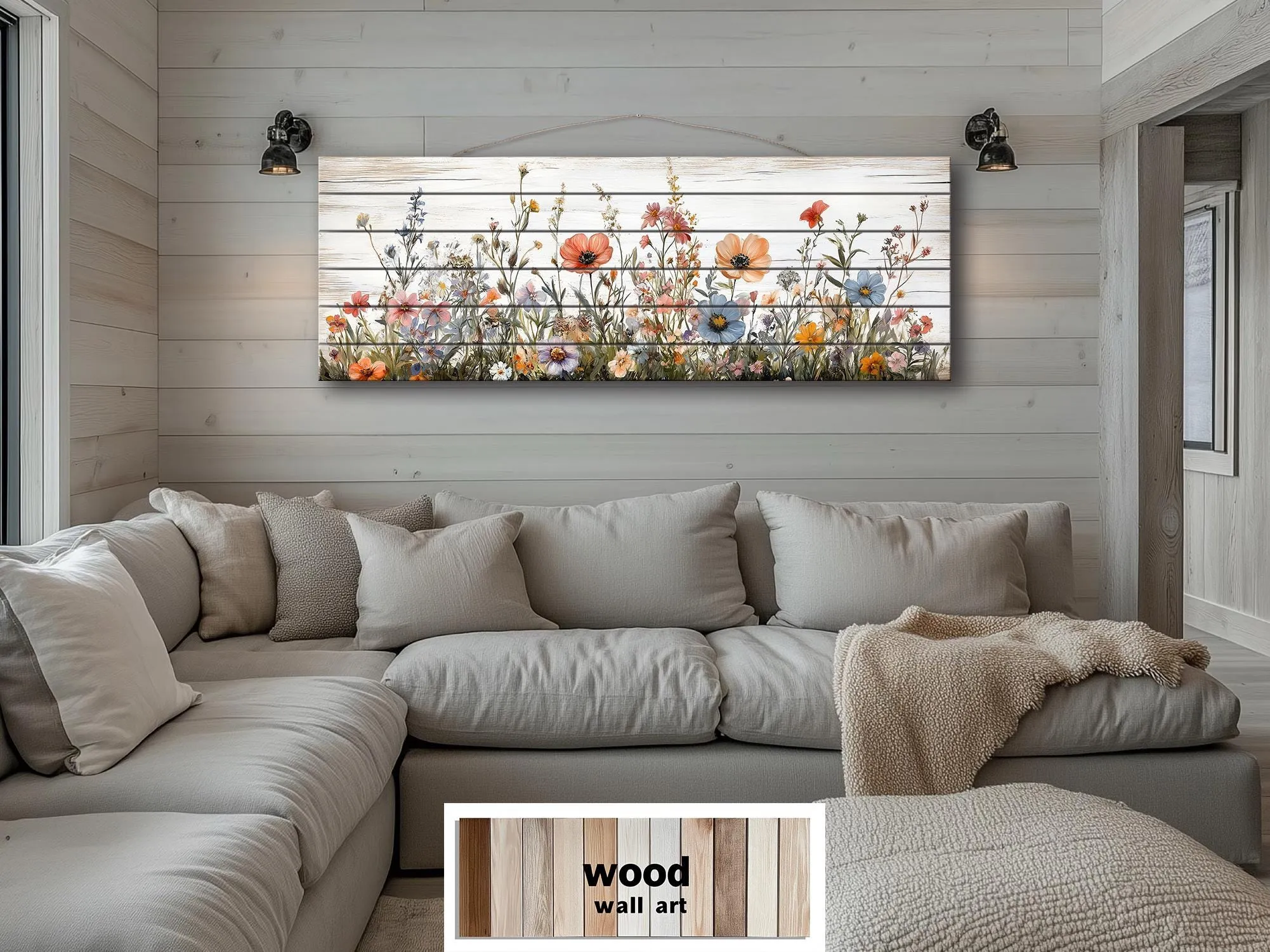 Long Horizontal Wildflowers Wall Art Painted On White Wood On Real Wood Planks