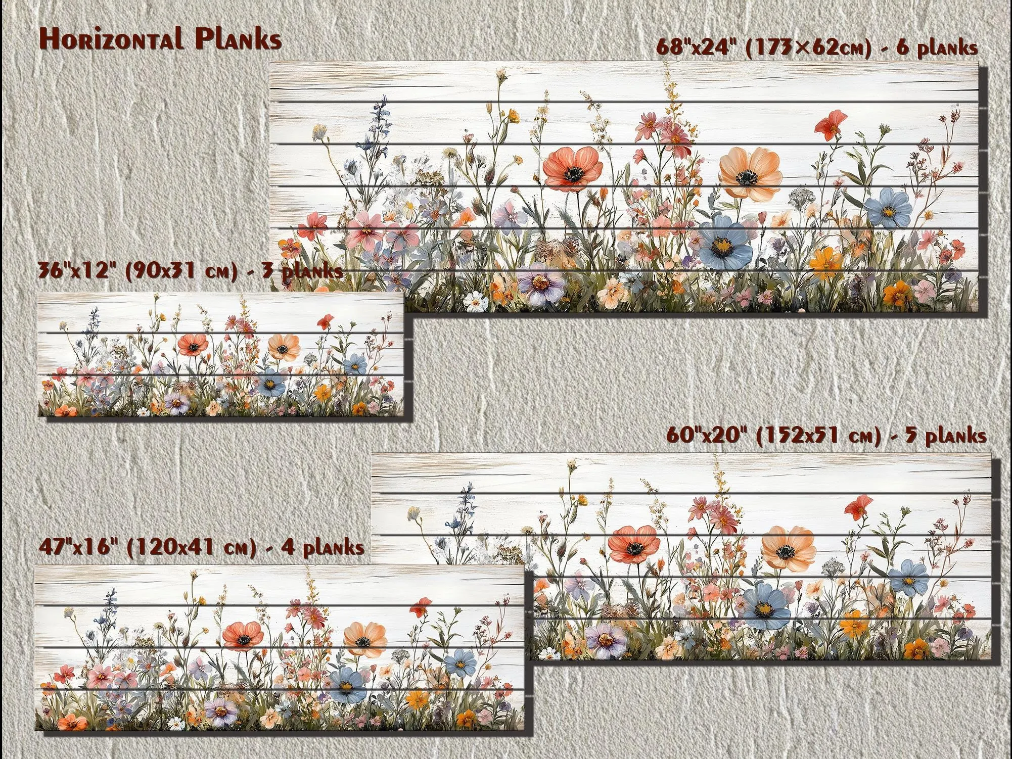 Long Horizontal Wildflowers Wall Art Painted On White Wood On Real Wood Planks