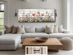 Long Horizontal Wildflowers Wall Art Painted On White Wood On Real Wood Planks