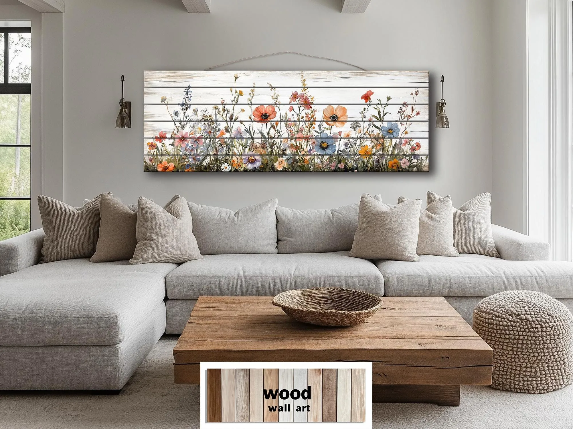 Long Horizontal Wildflowers Wall Art Painted On White Wood On Real Wood Planks