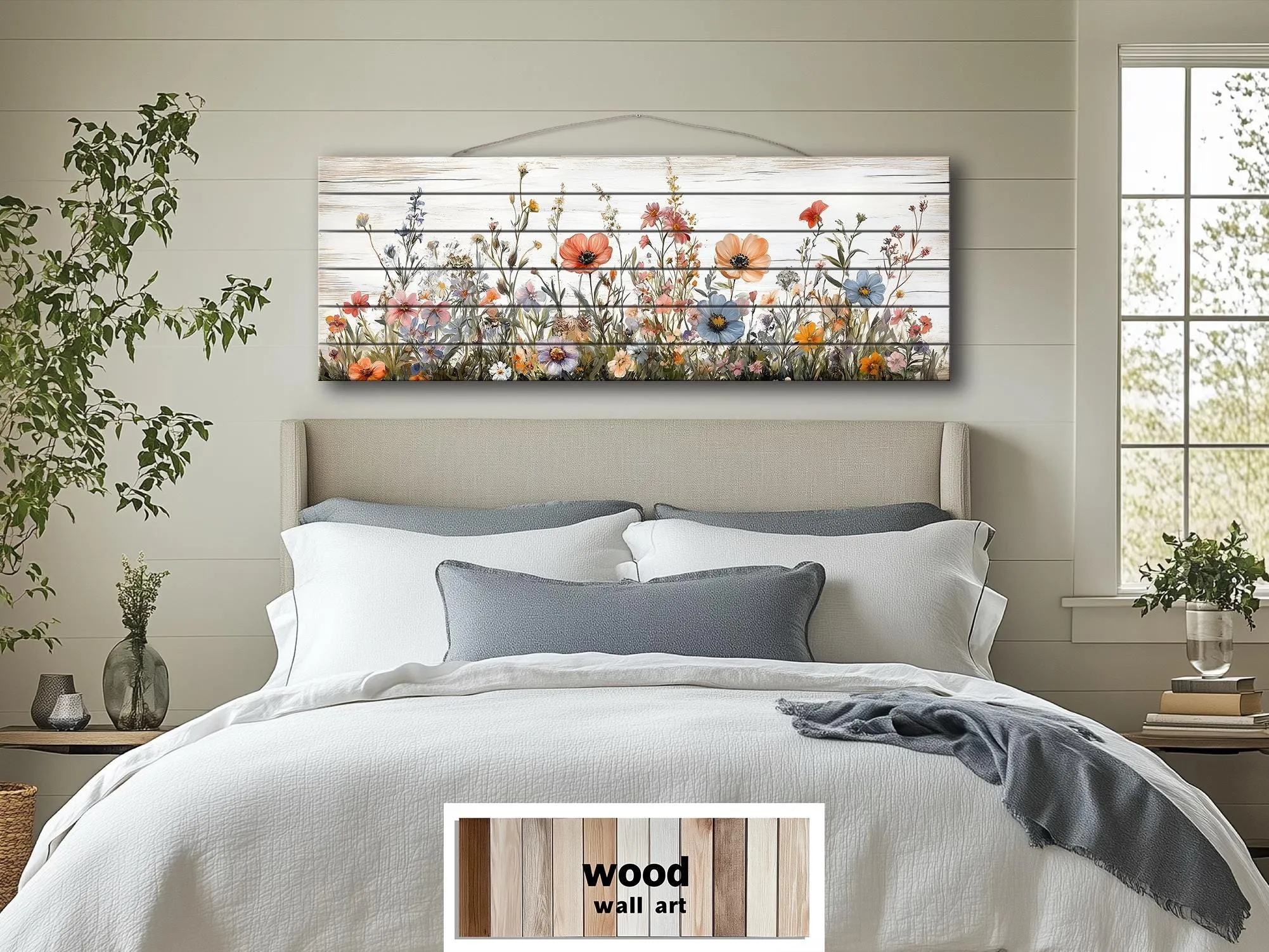 Long Horizontal Wildflowers Wall Art Painted On White Wood On Real Wood Planks