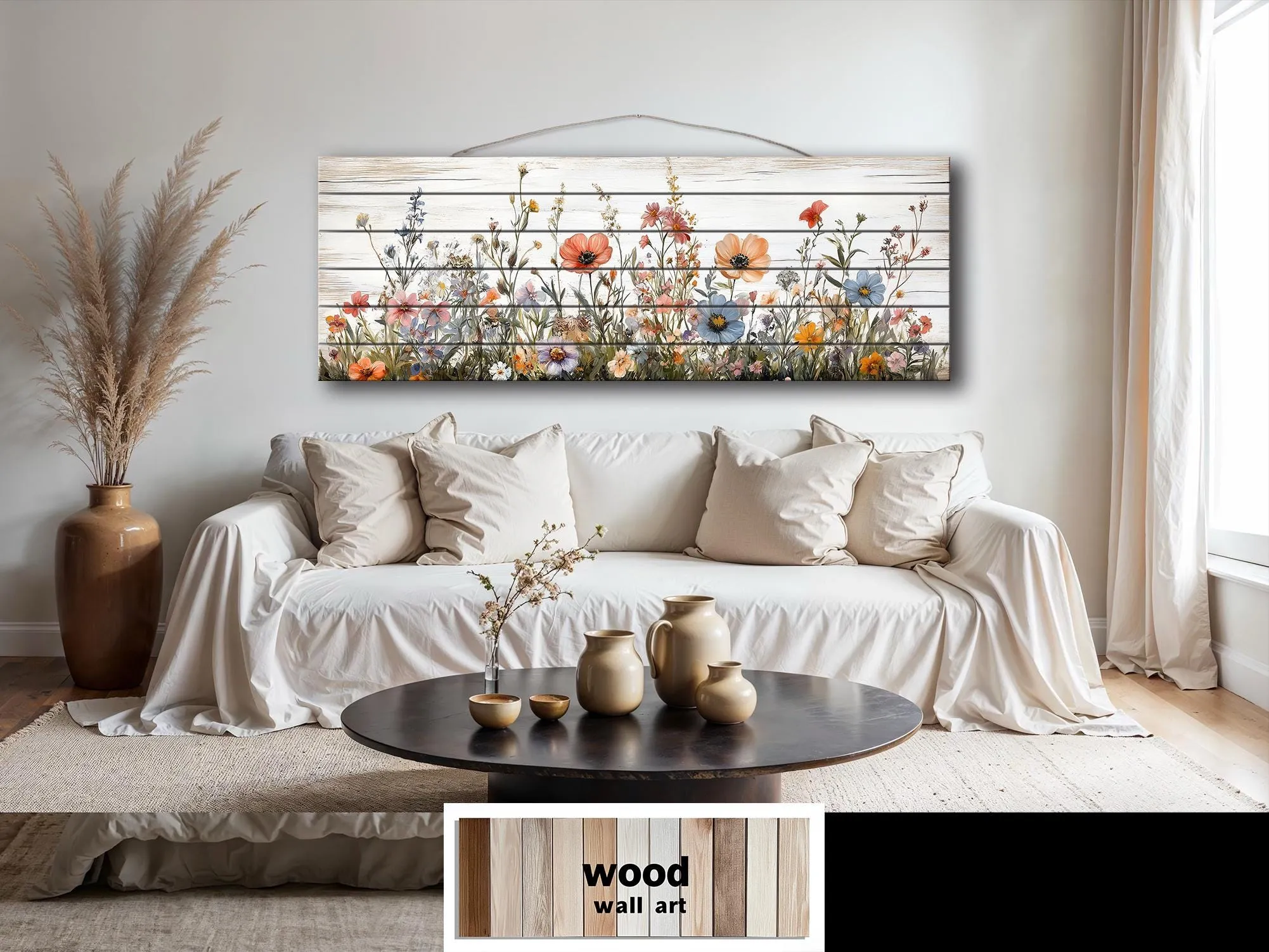 Long Horizontal Wildflowers Wall Art Painted On White Wood On Real Wood Planks