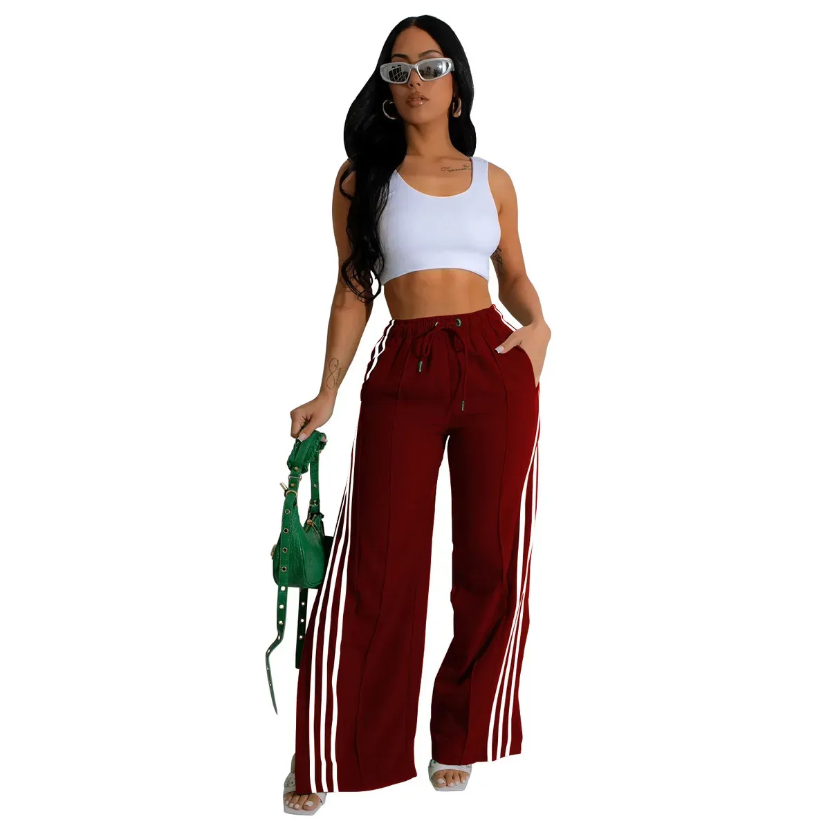 Maya High-Waisted Striped Split-Leg Wide-Leg Pants