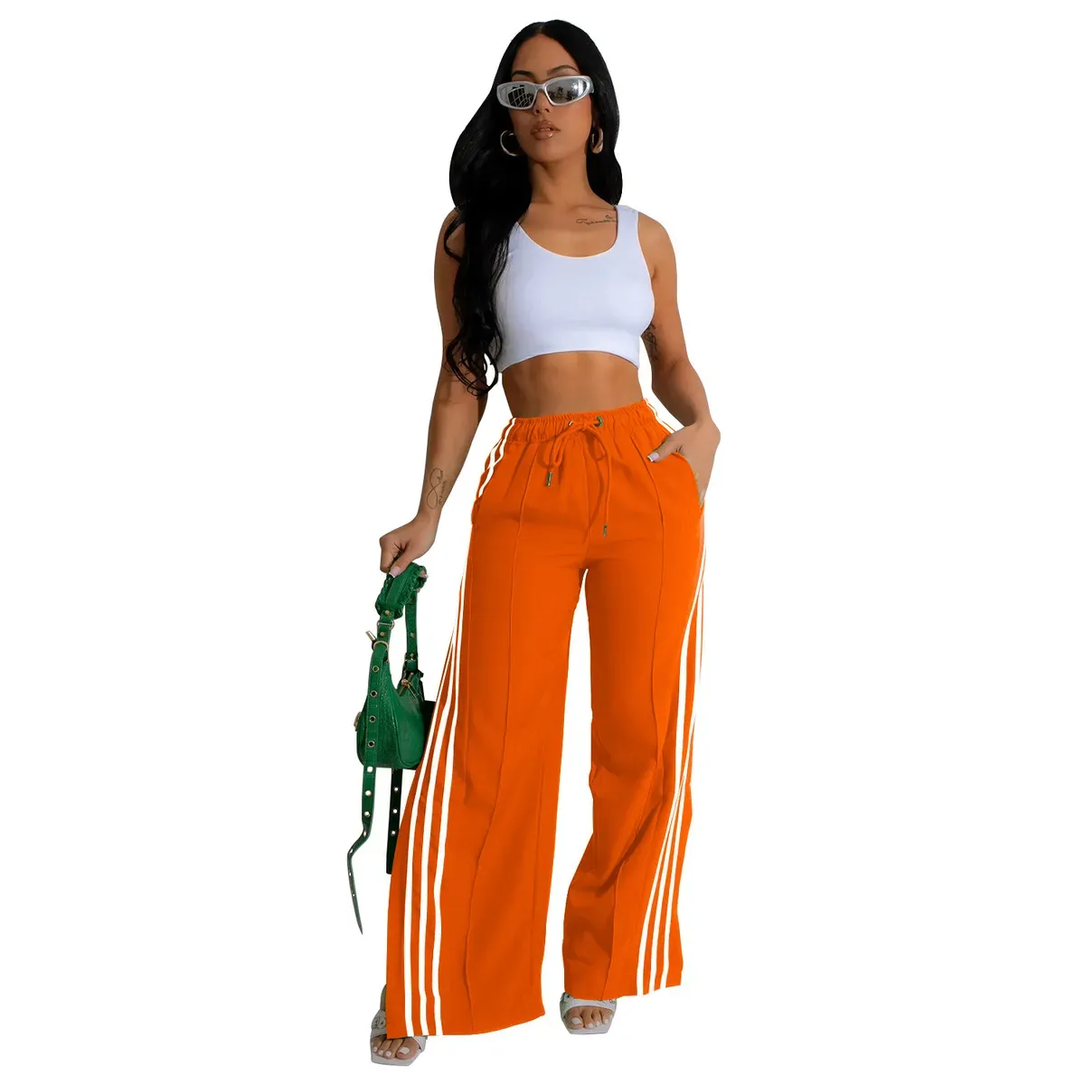 Maya High-Waisted Striped Split-Leg Wide-Leg Pants