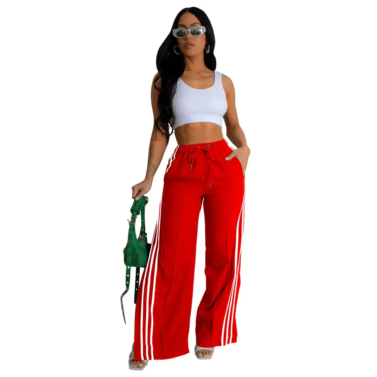Maya High-Waisted Striped Split-Leg Wide-Leg Pants