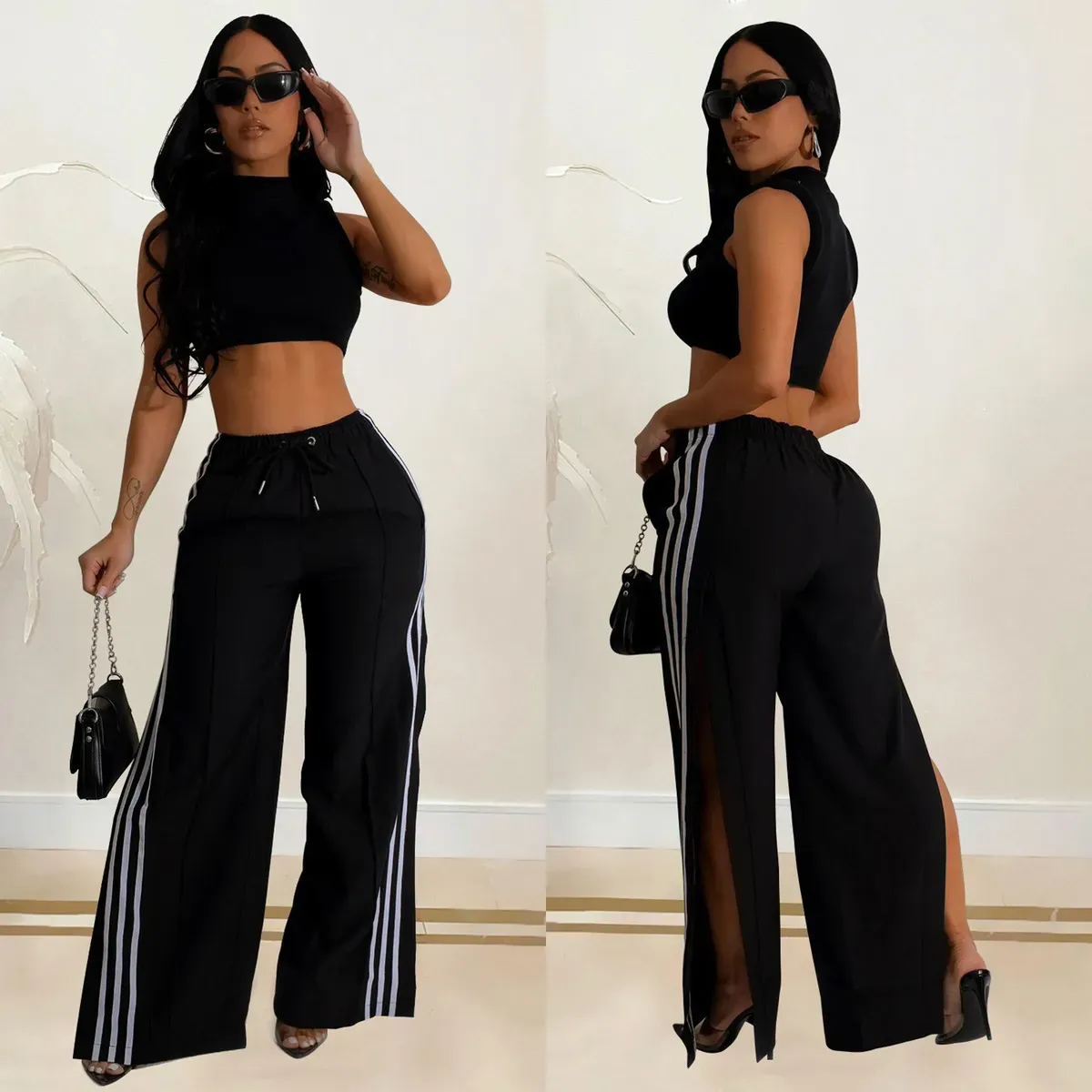 Maya High-Waisted Striped Split-Leg Wide-Leg Pants