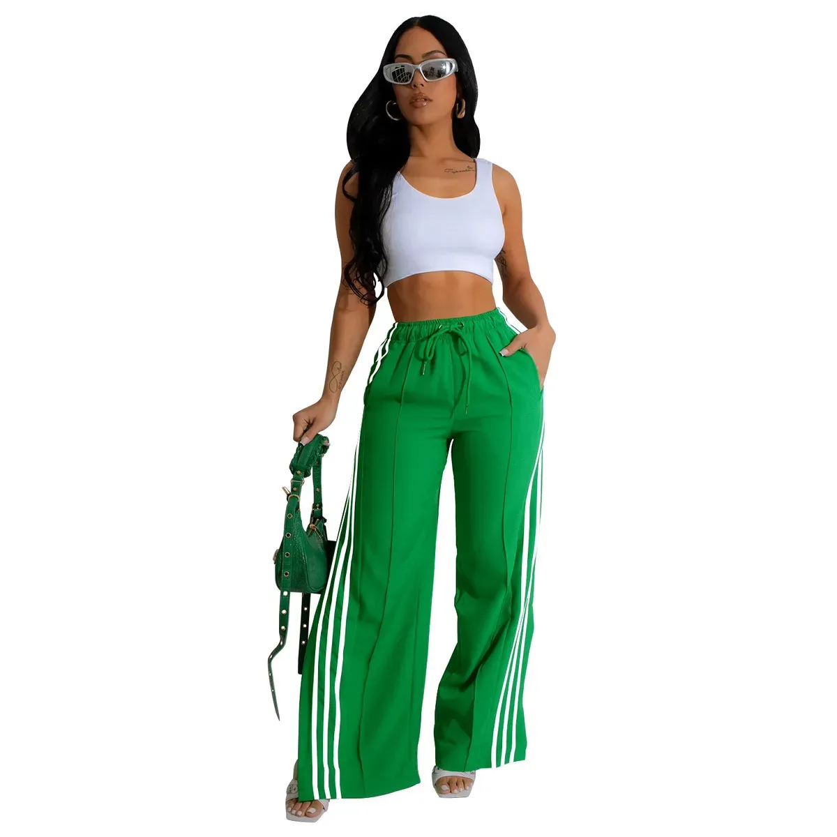 Maya High-Waisted Striped Split-Leg Wide-Leg Pants