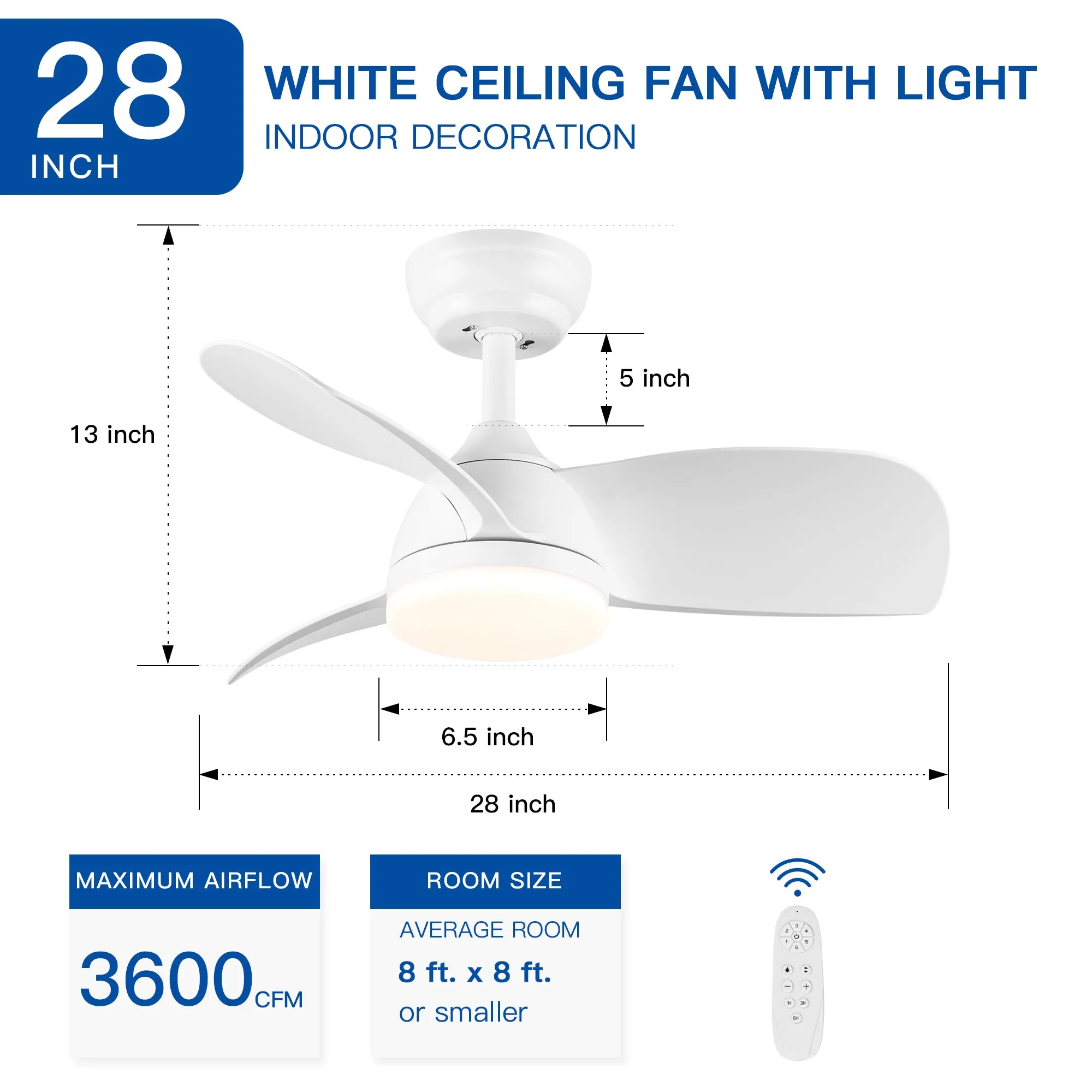 Misty Valley 28in. Modern White Integrated LED 6-Speed Low Profile Ceiling Fan with Light For Bedroom