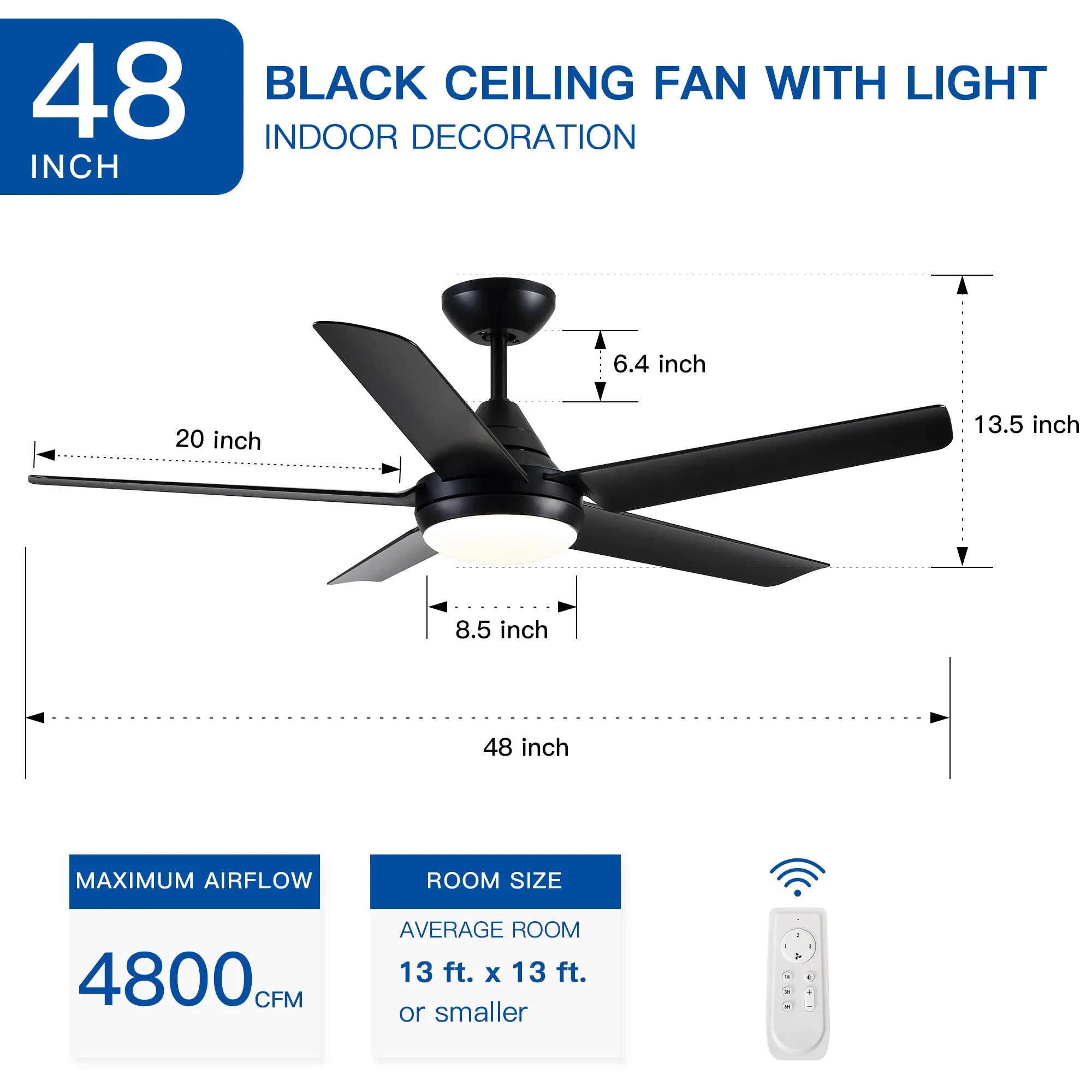 Misty Valley 48in. Modern 5-Blade Integrated LED Black Ceiling Fan with Light, Color-Changing Quiet Remote Control Ceiling Fan