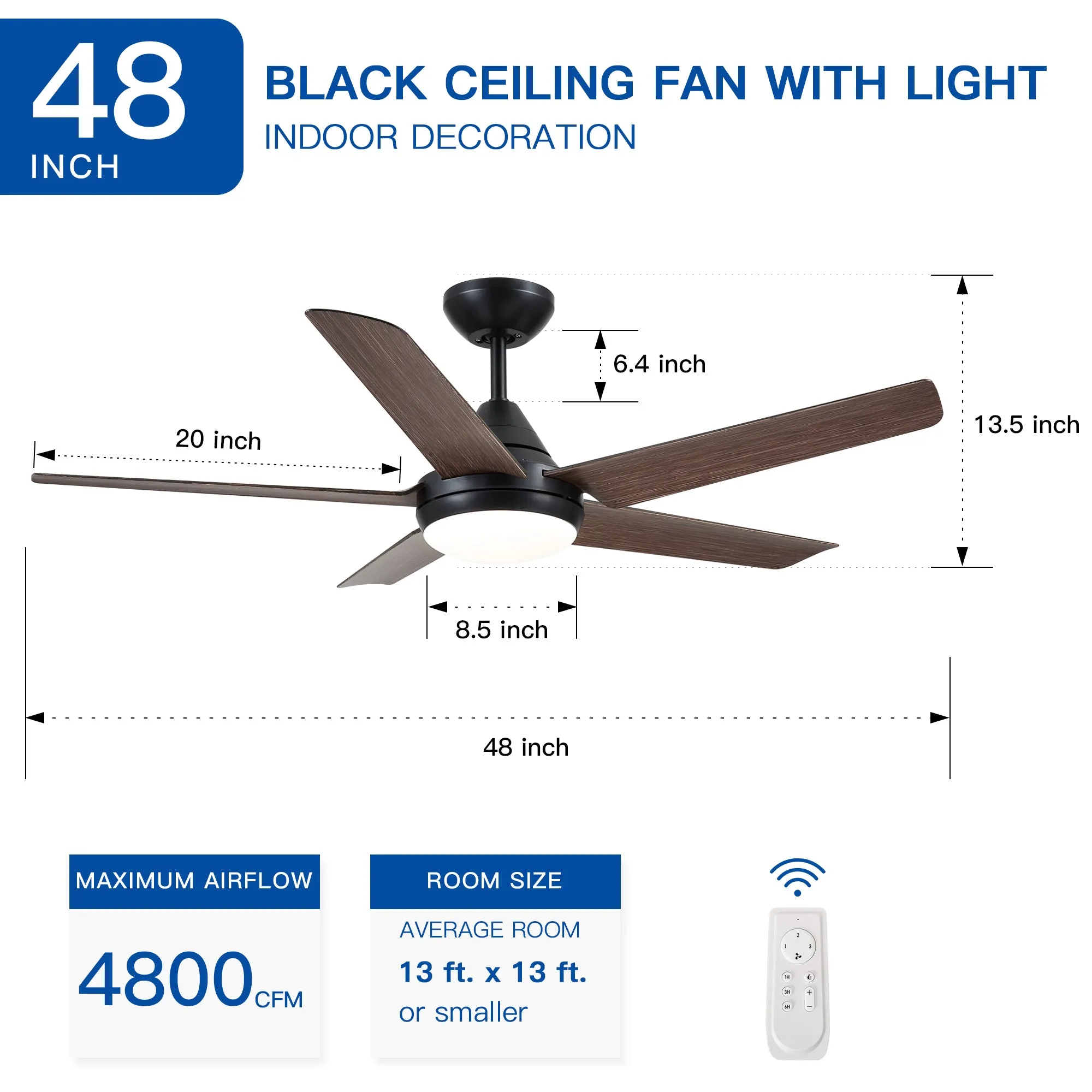 Misty Valley 48in. Modern LED Brown Wood Blade Ceiling Fan with Light, Remote Control
