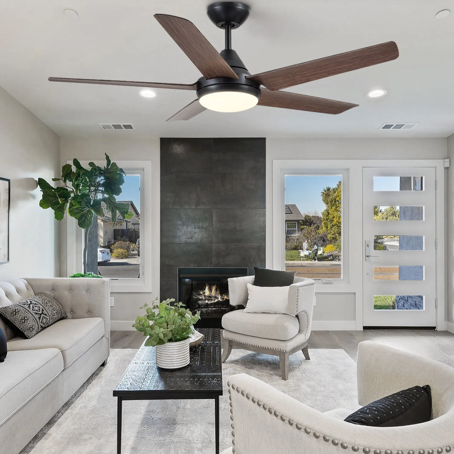 Misty Valley 48in. Modern LED Brown Wood Blade Ceiling Fan with Light, Remote Control