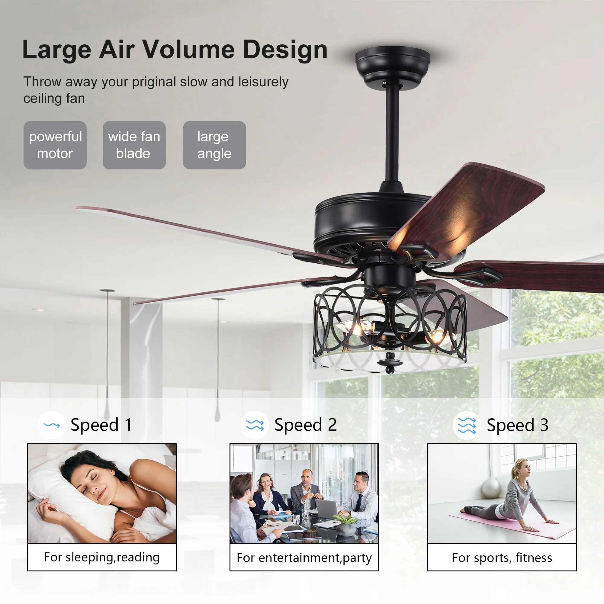 Misty Valley 52in. Ceiling Fan with Light and Remote Control, Ceiling Fan with 5 Blades for Patio Living Room, Bedroom, AC Motor,Industrial style, Matte Black