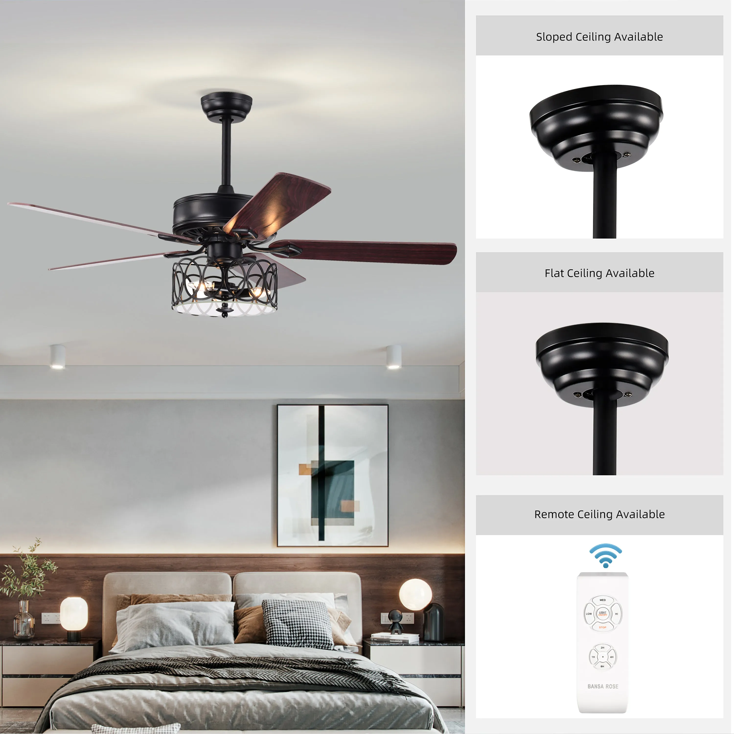 Misty Valley 52in. Ceiling Fan with Light and Remote Control, Ceiling Fan with 5 Blades for Patio Living Room, Bedroom, AC Motor,Industrial style, Matte Black